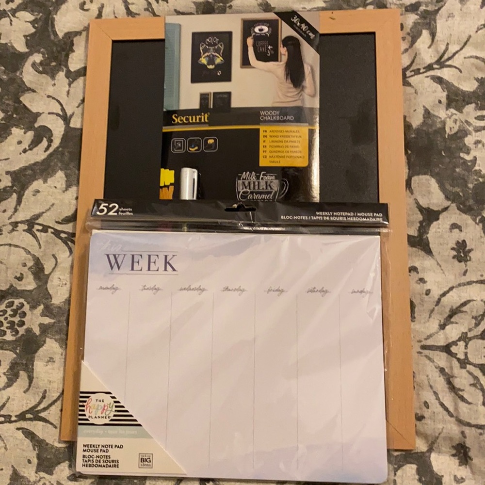 Office Organizing in style! Happy Planner 52 week notepad and Securit chalkboard